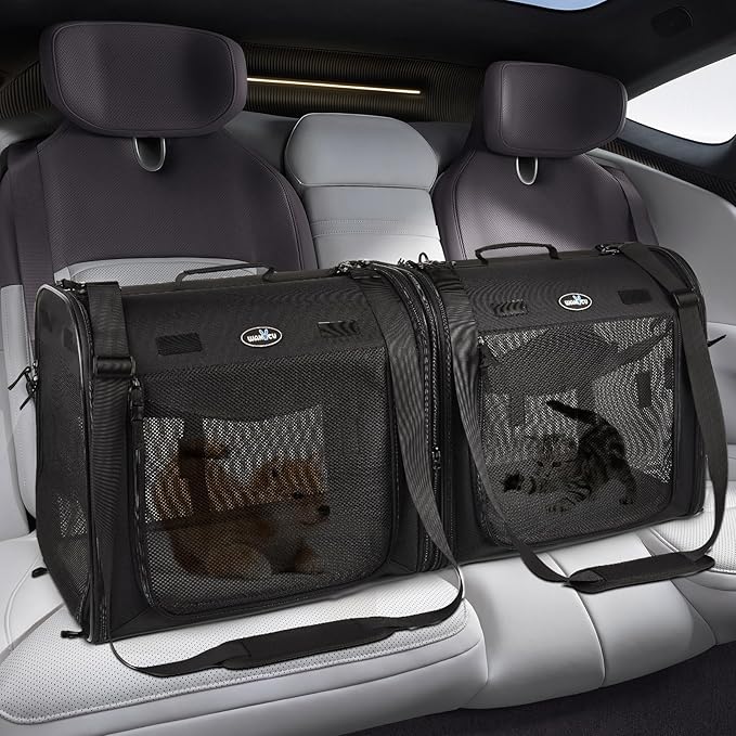 Wakytu Portable 2-in-1 Pet Carrier for Medium Dogs Large Cat Carrier for 2 Cats Travel Double Dog Crate Set with Portable Carry Bag/Hammocks/Mats/Tent Stakes/2 Pcs Pet Bowls for Outdoor Camping
