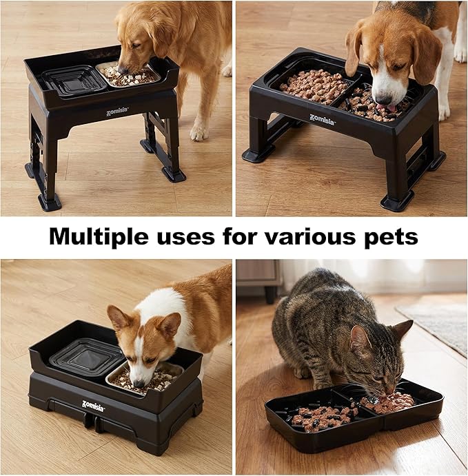 ZOMISIA 3-in-1 Raised Dog Bowl - 6 Height Adjustable Elevated Dog Bowls, Double Deck Design Mess Proof, Feeding Station with 2L No Spill Stainless Steel Bowls & Licking Plate for Medium Large Pets