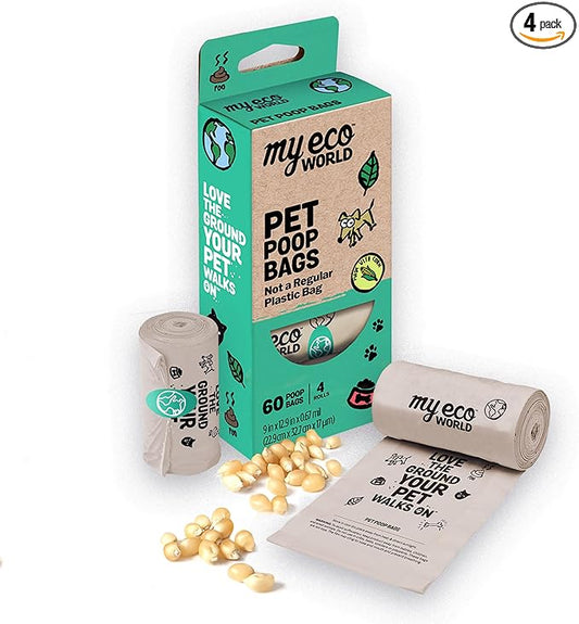 MyEcoWorld® Compostable Pet Poop Bags - Made with Corn and Other Certified Compostable Materials - 60 Bags - 4 Roll - Extra Strong - Leak Proof - Unscented - Easy to Open