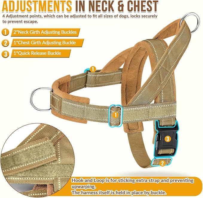 Lukovee No Pull Dog Harness & Leash Set - Heavy Duty Dog Vest Harness with Soft Padded for Medium Large Dogs, Adjustable Reflective Tactical Pet Harness for Easy Walk and Training (L, Yellow)