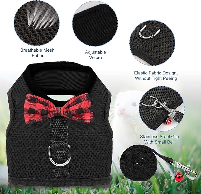 Rypet Small Animal Harness and Leash - Soft Mesh Pet Harness with Safe Bell, No Pull Comfort Padded Vest for Small Pet Black S