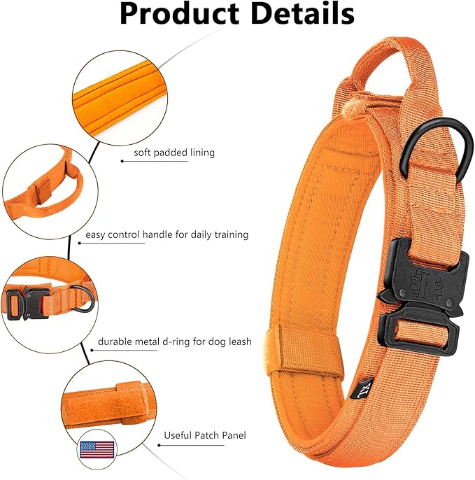 DAGANXI Tactical Dog Collar, Adjustable Military Training Nylon Dog Collar with Control Handle and Heavy Metal Buckle for Medium and Large Dogs, with Patches and Airtags Case (Orange-Set, S)
