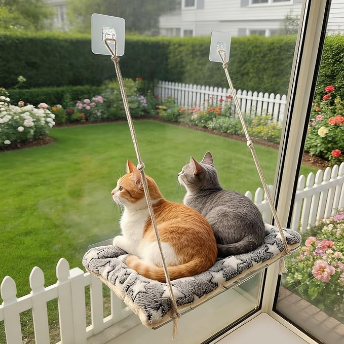 Cat Window Perch with Adhesive Hooks Foldable Cat Window Hammock for Cats up to 30 lbs, Sturdy Metal Frame, Easy to Adjust Assemble, Soft Removable Cushion Included, Cats Bed for Indoor Watching Bird