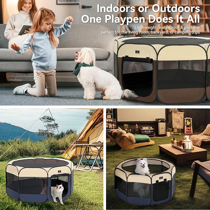 Dog Playpen for Small Dogs & Puppies, 29.92" Portable Indoor Outdoor Puppy Playpen with Bowl, Waterproof Floor, Foldable Pop-Up Pet Pen for Home, Travel & Daily Use, Blue+Beige