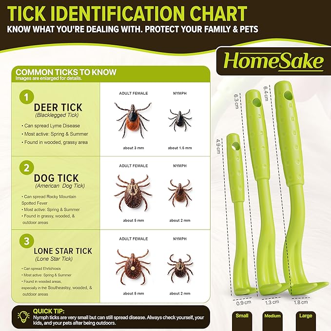 Homesake Tick Remover Tool for Dogs, Cats & Humans, 3 Pack Tick Removal Kit + Identification Card & Keychain Hole, Safely Removes Entire Tick Head & Body, Easy Portable Tool for Pets & First Aid Kits