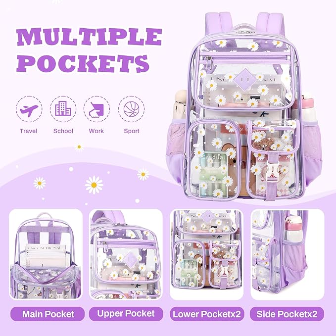 PIG PIG GIRL Clear Backpack for School,Heavy Duty PVC Transparent Bookbag for Girls Stadium Approved See Through Backpack