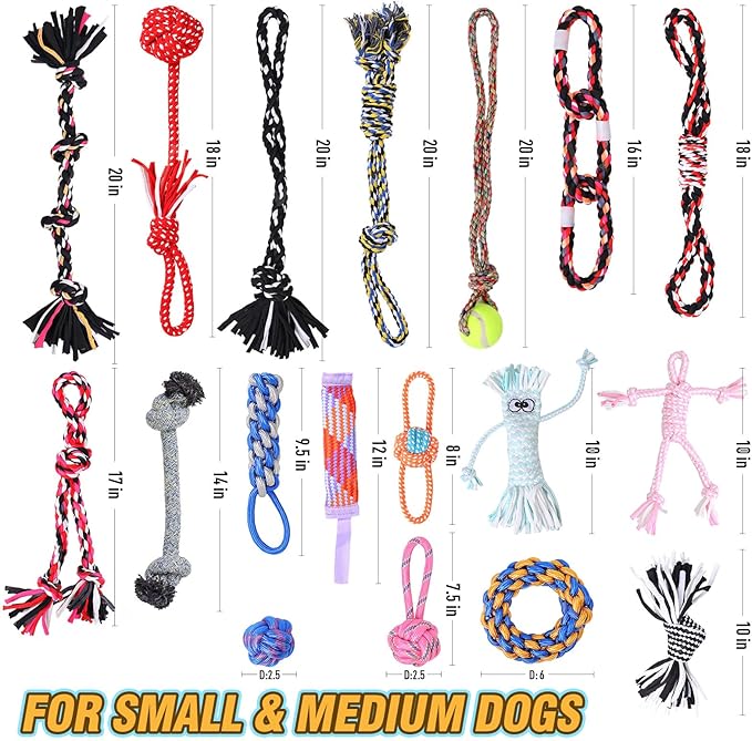 Dog Rope Toys for Small-Medium Dogs. 18 Pack for Teeth Cleaning, Chewing, Training Balls and Squeaky Toys. Best for Entertainment, Interaction,Tug of War Indoor and Outdoor.