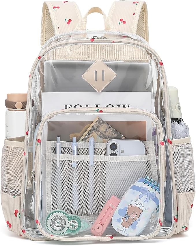 Clear Backpack for Girls Women School Bookbag Heavy Duty Transparent Backpacks (Corduroy Cherry)