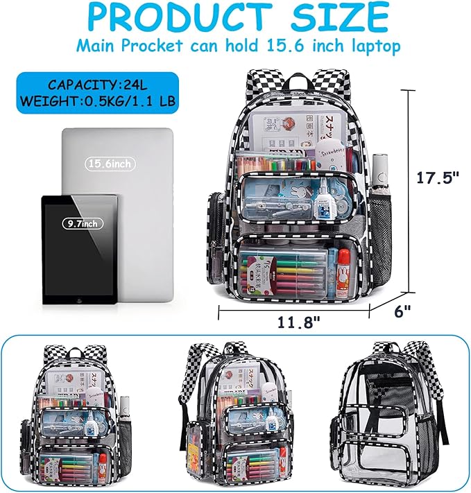 CAMTOP Clear Backpack Heavy Duty Transparent Bag See Through BookBag for Student School Work Festival Sport Travel (Check)