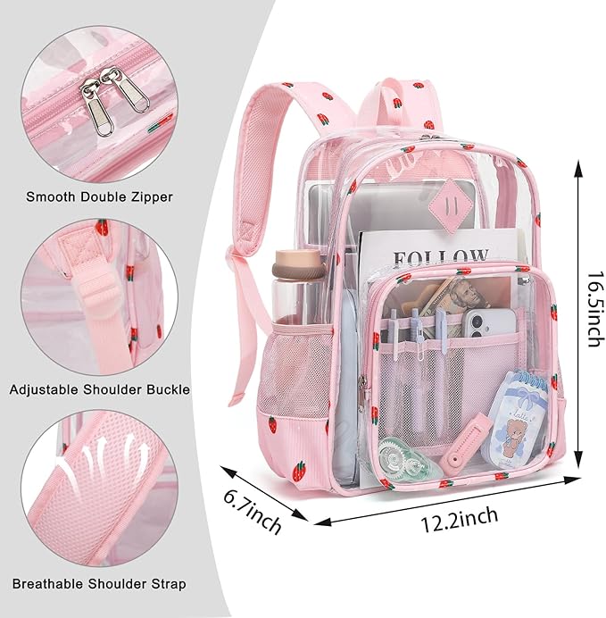 Clear Backpack for Girls Women School Bookbag Heavy Duty Transparent Backpacks (Pink Corduroy Strawberry)
