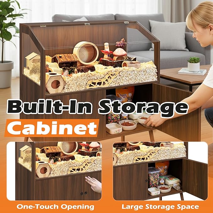 PROLEE Hamster Cage with Storage Cabinet,Large Hamster Encloure Chew Proof Wood,Clear View Hamster Habitat for Guinea Pig, Ferret, Rat, Hedgehog，47“ X 40” X 20“ (Walnut)