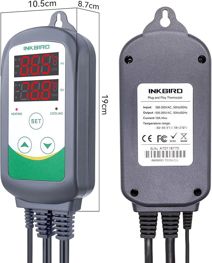 Inkbird ITC-308 Digital Temperature Controller Thermostat | 110V 10A 1100W 2-Stage Outlet with Heating and Cooling Mode for Carboy Homebrew Fermenter Greenhouse Terrarium