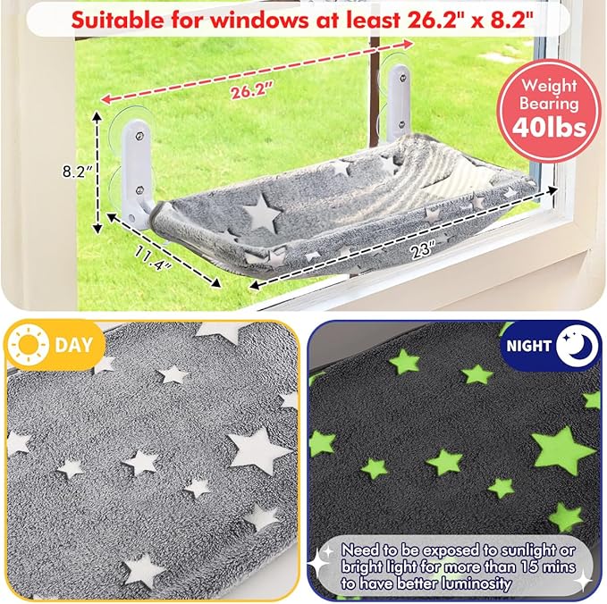 Zoratoo 2PC Cat Window Perch, Glow in The Dark Cordless Foldable Pet Hammock Bed for Window with Sturdy Metal Frame, Glowing Stars Pattern Resting Seat for Indoor Cats (2PC Stars - L)