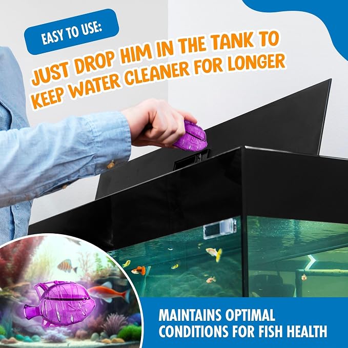 Clarence the Clarifier Fish - 1 pk, Purple - Aquarium Treatment, Clear Cloudy Fresh-Saltwater, Fish-Plant Safe, 10gal Tank Maintenance Each | Fish-shaped filter media, fresh & saltwater safe, controls ammonia & phosphate, up to 60 days per 10 gal