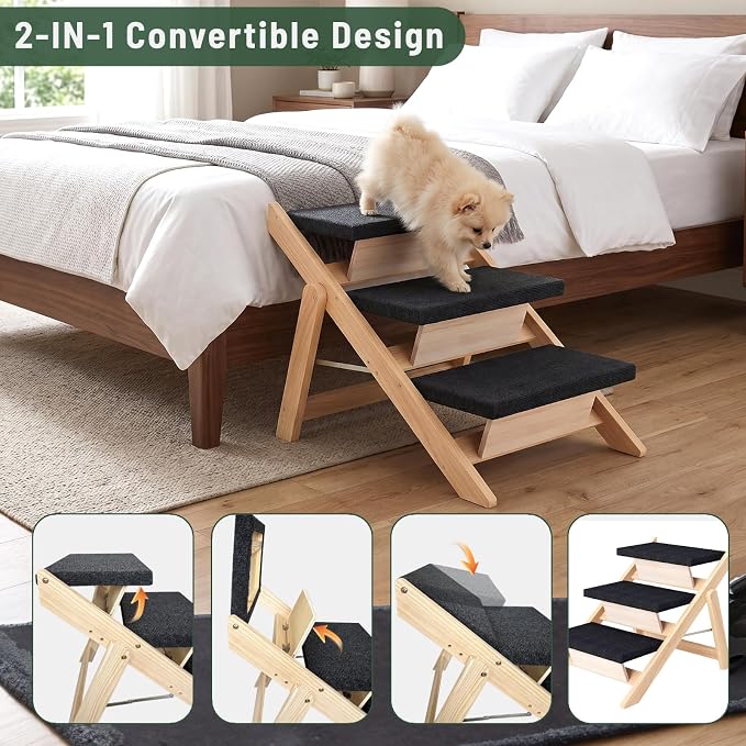 Dog Stairs/Ramp for Bed, Wooden 2-in-1 Foldable Pet Stairs & Ramp, Portable Dog Ladder Up to 180 Pound for Elderly/Short-Legged Dogs, 3 Steps for Beds, Couch