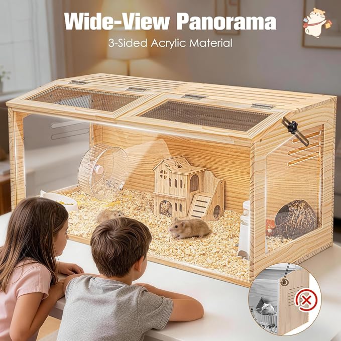 Hamster Cage 40" Wooden Chewproof, 270° Panoramic View Large Habitat with Bite-Proof Mesh, Top Dual Access Doors & Acrylic Panels, for Syrian/Dwarf Hamsters, Guinea Pigs, Chinchillas & Gerbils