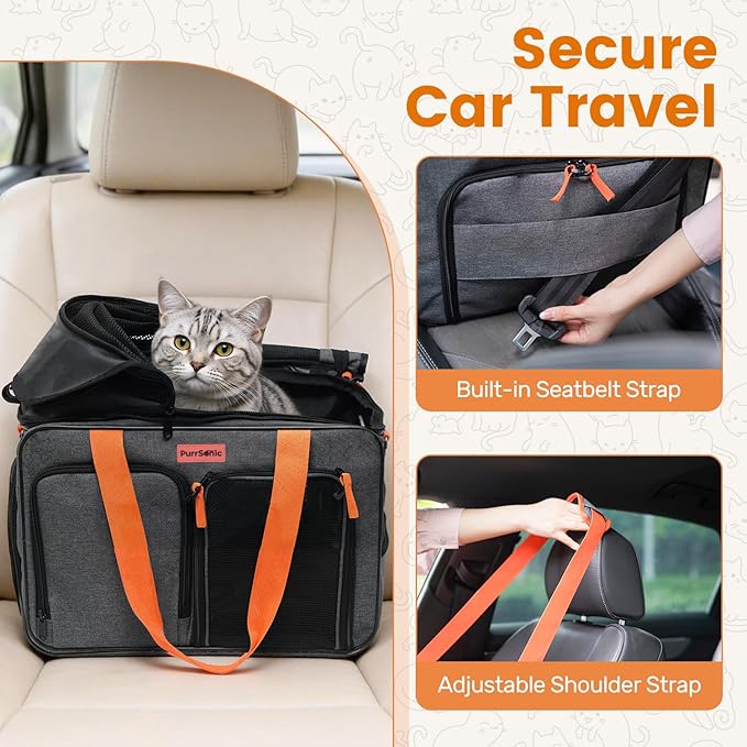 Cat Carrier Soft Sided Airline Approved for Small Pet Dog Travel, Collapsible Top Loading Bag for Medium Animal Kitten Puppy Long Car Trip, Expandable Fabric Sturdibag for Kitty Under 20 lb