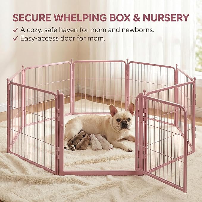 Pink Dog Playpen for Small Dogs & Puppies - 24 Inch Metal Pet Fence Indoor Outdoor with Door, Foldable Exercise Pen, Portable Rabbit Enclosure for Camping, RV, Yard (8 Panels)
