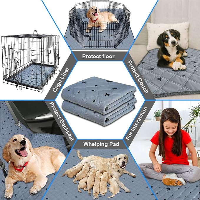 RIOUSSI Washable Pee Pads for Dogs, Reusable, Absorbent, Leakproof, Non Slip Pet Puppy Pads for Potty Training. Gray Stars, 72x72 Inch(1pack)