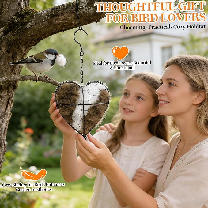 Handmade Alpaca Fiber Bird Nesting Heart,Refillable Hummingbird Nest Holder,Birds Nests Material Holder,Winter Tree Shelter for Wild Bird,Hummingbird Houses Nest Boxe for Bird Lovers