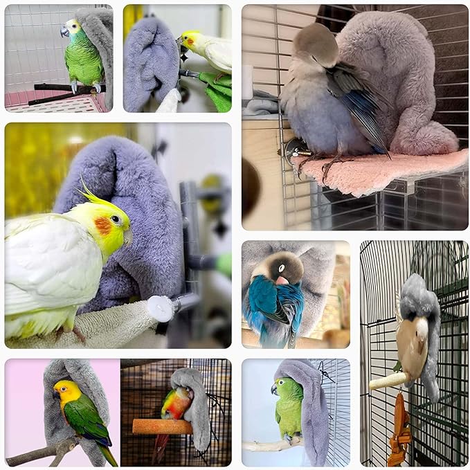 SIMENA Bird Blanket for Cage, Corner Fleece Bed for Birds, Cozy Bird Warmer, Parrot House for Cage, Cuddle Nest Hanging Toy for Lovebirds Parakeet (Grey, XL)