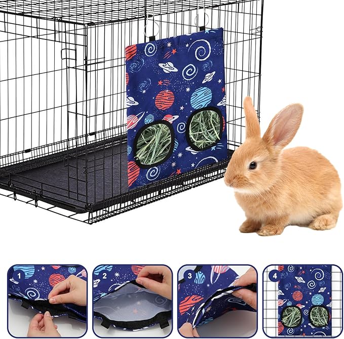 JarThenaAMCS 2 Pcs Rabbit Hay Feeder Bag with 2 Holes Guinea Pig Hanging Hay Feeding Bag Blue Galaxy Storage Dispenser for Chinchilla Hamster Bunny Small Animal Pet, 11.5 x 9 Inch