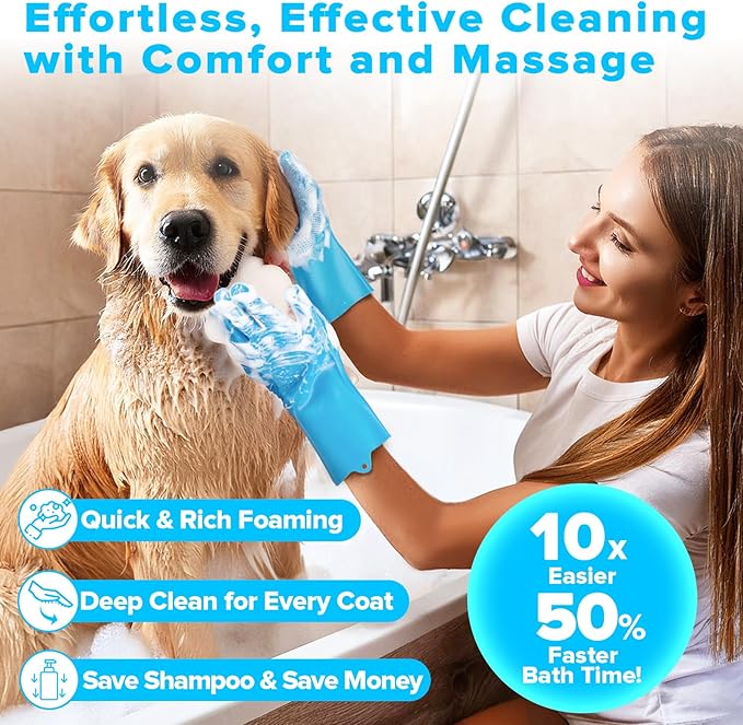 Augwind 6PCS Pet Grooming Kit for Dogs, Cats and Horses | Dog Washing Gloves | Cleanroom Gloves | Dog Bath Brush | Dog Bath Gloves | Dog Shampoo Brush | Dog Bath Supplies (Light Blue)