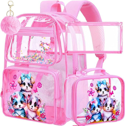 AGSDON 3PCS Clear Backpack for Girls, See Through Backpacks for Kids with Lunch Box, Heavy Duty Transparent Bookbag - Dog