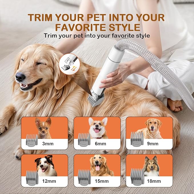 Dog Grooming Vacuum, Dog Grooming Kit with Pet Clipper Nail Grinder, 3 Suction Modes Dog Brush Vacuum with 6 Pet Grooming Tools(Camel)