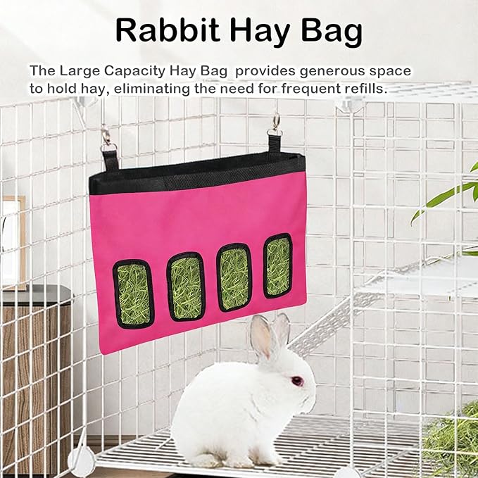 Rabbit Hay Feeder Bag, Large Capacity Rabbit Hay Bag Small Animal Hanging Hay Bag 600D Oxford Cloth Bunny Hay Feeder Bag for Rabbits Guinea Pigs Chinchillas (Rosered-4 Holes-1Pcs)