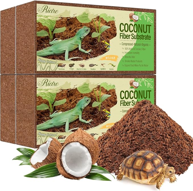 Riare 4 Pack Natural Coconut Fiber Substrate, Coco Coir Reptile Bedding | Coconut Husk Reptile Substrate for Tortoises, Hermit Crabs, Snakes, Bearded Dragon, Geckos, Reptile Enclosure/Terrarium Setup