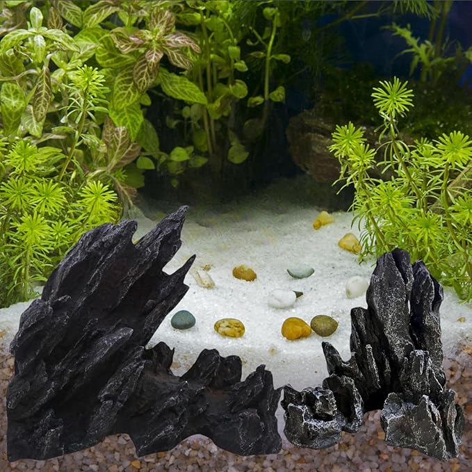 Saim Extra Large Aquarium Decor, Massive Artificial Mountain Rock Landscape, 2 Pack Jagged Canyon Rock Formation Mountain Hill View Stone Ornament Set for Betta Cichlids Hideaway Hideout