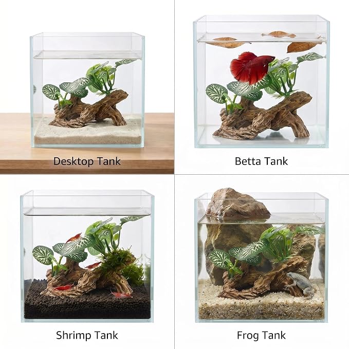 Aquarium Driftwood Decor 4 Inch - Resin Driftwood with Silk Plant Leaves, Fish Tank Decoration for Betta, African Dwarf Frog, Shrimp Hideout