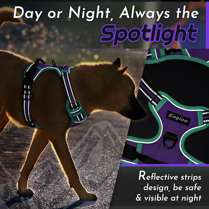 Eagloo Dog Harness for Large Dogs, No Pull Service Vest with Reflective Strips and Control Handle, Adjustable and Comfortable for Walking, No Choke Pet Harness with 2 Metal Rings, Purple & Green, L