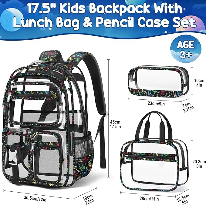 Fimibuke Clear Backpack for Boys, 3PCS Heavy Duty PVC Transparent Boys Backpack with Lunch Box & Pencil Case, School Stadium Event Approved Toddler School Bookbag for Preschool Kindergarten Elementary