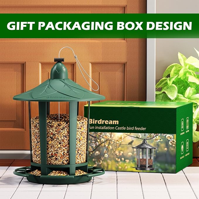Birdream Bird Feeders for Outdoor Hanging, Assembly Required, 1-Min Easy Setup, Charming Castle Design, Attracting Cardinals Chickadees Goldfinches & Sparrows - Green