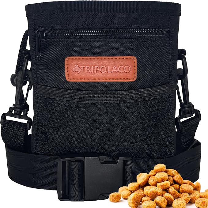 Dog Treat Pouch, Large Treat Pouches for Pet Training with Multiple Pockets, Built-in Poop Bag Dispenser & Phone Holder, 3 Wear Styles, Ideal Dog Treat Bag for Training & Walks, Black