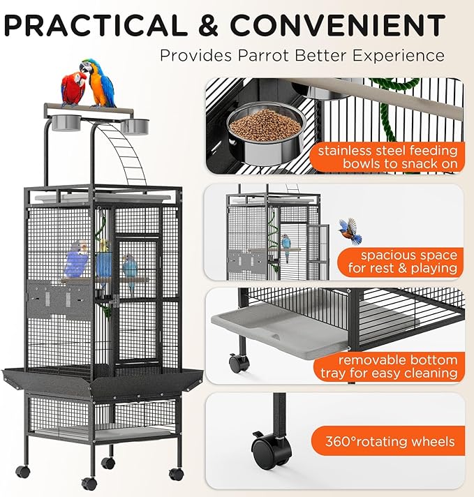 60" Large Wrought Iron Bird Cage with Rolling Stand, Play Top & 4 Stainless Steel Bowls, Metal Parrot Cage for African Grey, Cockatiel, Conure, Lovebird, Budgie, Black
