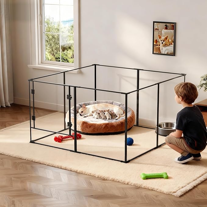 Acrylic Dog playpen Indoor: Clear Puppy Pen for Small Medium Dogs Cats with Metal Frame - 8panels 30inch Tall Transparent pet Fence with Door for Rabbits Guinea Pig