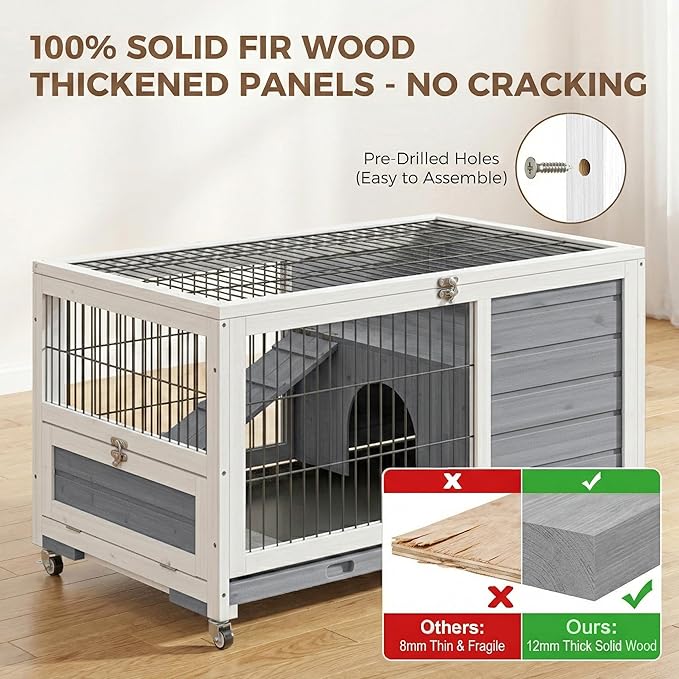 Rabbit Hutch Indoor/Outdoor with Wheels, 2 Story Wooden Bunny Cage Leak-Proof Trays & Easy Feed Support Rod, Large Guinea Pig House with Ramp, Pet Habitat for Small Animals (Light Grey)