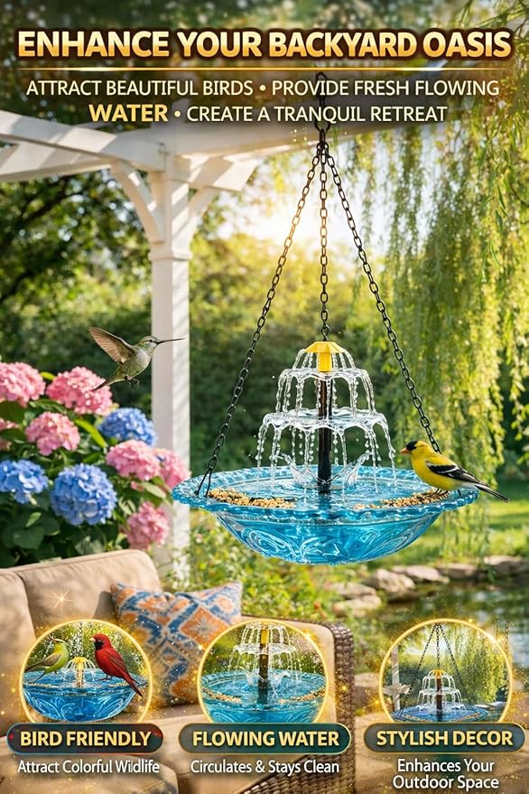 Solar Cascade Hanging Bird Bath Fountain, 2026 New Outdoor Hanging Bird Bath with Solar Fountain, Large Humming Birds Baths Fountains, with Solars Pump & Glass Bowl, for Outdoor, Gardens (#3)
