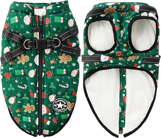 Aiboria Dog Jackets for Winter Windproof Waterproof Vest Fleece Warm Dogs Coat with Belt Christmas Green M