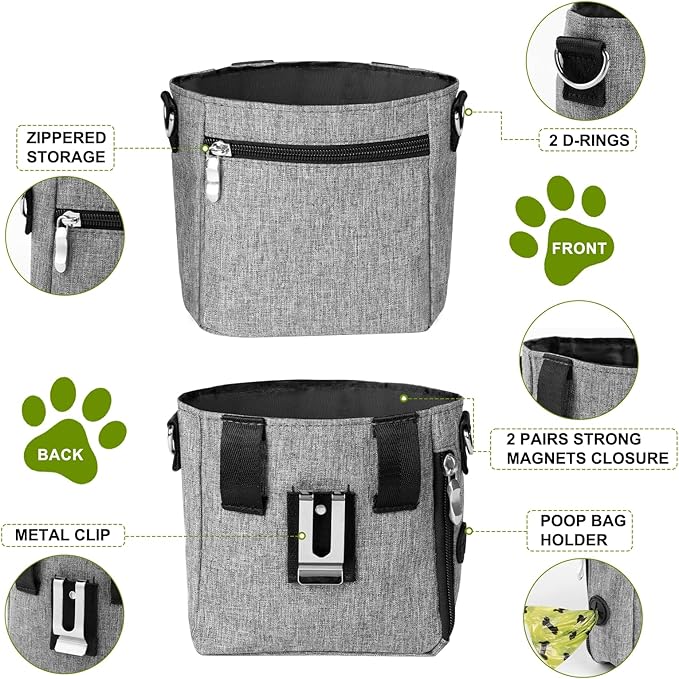 Dog Treat Pouch with Magnetic Closure - 3 Ways to Wear Dog Training Treat Bag with Waist Belt, Shoulder Strap & Metal Clip, Built-in Poop Bag Dispenser, Hands-Free Dog Training Treat Pouch