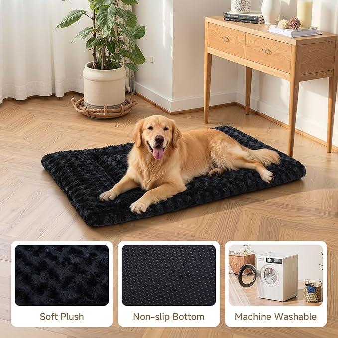 Washable Dog Bed Mat Crate Pad Soft Fluffy Pet Kennel Beds Dog Sleeping Mattress for Large Jumbo Medium Small Dogs, 42 x 28 Inch, Black