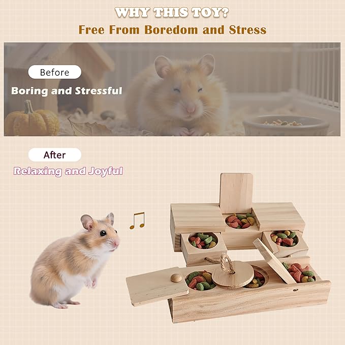 2 PCS Wooden Foraging Toys for Guinea Pigs, Hamsters & Chinchillas, Small Pet Puzzle Feeder with Drawers and Ropes, Natural Wood Chew Enrichment Activity Toy