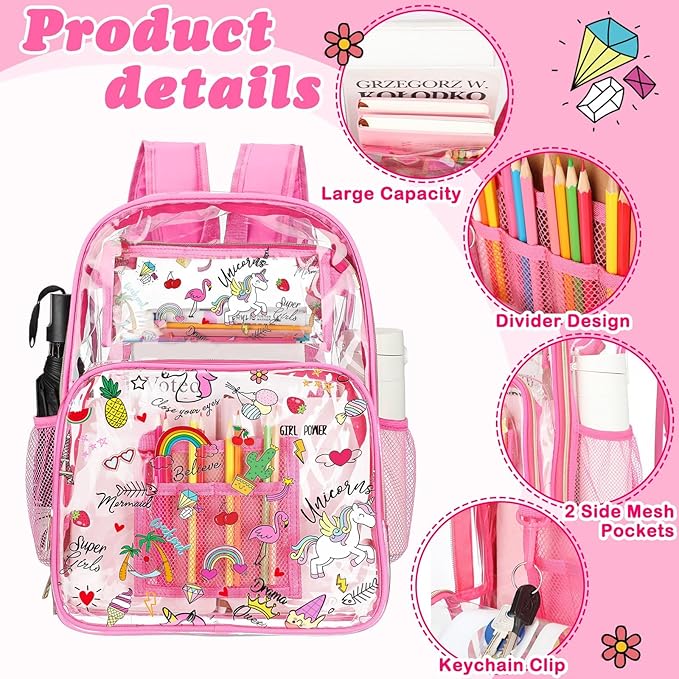 Kacctyen 3 Pcs Clear Backpack Heavy Duty Clear Stadium Bag Transparent Backpack with Lunch Bag(Hot Pink,Luau)