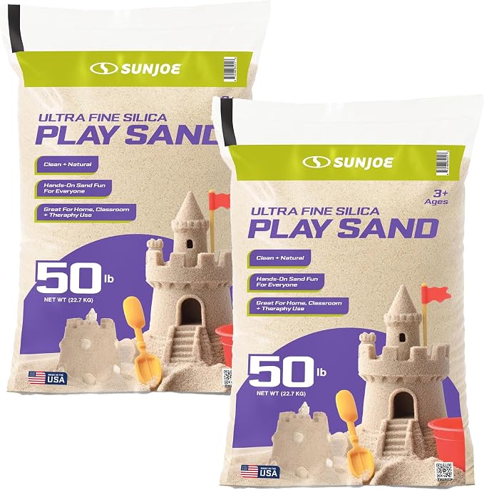 Sun Joe Silica Play Sand, Ultra Fine, 50 Lbs, PLYSAND50, 2-Pack | Sensory Table & Garden Craft Accessory for Molding, Digging & Sculpting, 2 Pack of 50 Lb Bags