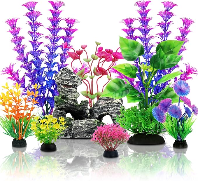 QUOZUO Fish Tank Decor Aquarium Decor, 9pcs Colorful Fish Tank Accessories Artificial Plants and Cave Rock Decor Set, Aquarium Decorations Plastic Plants