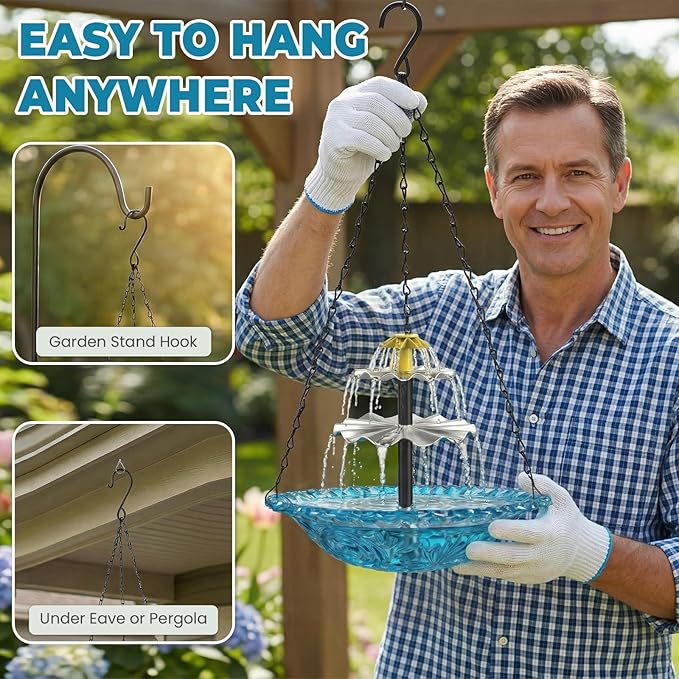 Solar Fountain for Bird Bath, Hanging Cascade Water Feature for Outdoor Garden & Yard Decor, Creates a Relaxing Flow that Attracts Birds (Blue)
