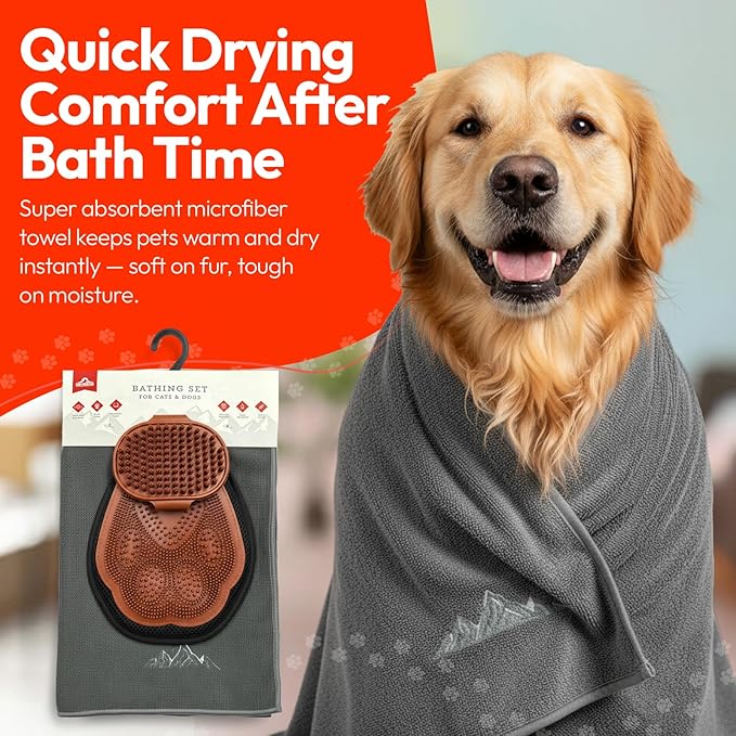 PM Pet Grooming Tools for Dogs & Cats- 3 Pack Dog Bathing Set- Safe On Skin Super-Absorbent Microfiber Towel – Soft & Gentle Brush Glove and Hand-Held Dog Bath Brush- Paw Mountain